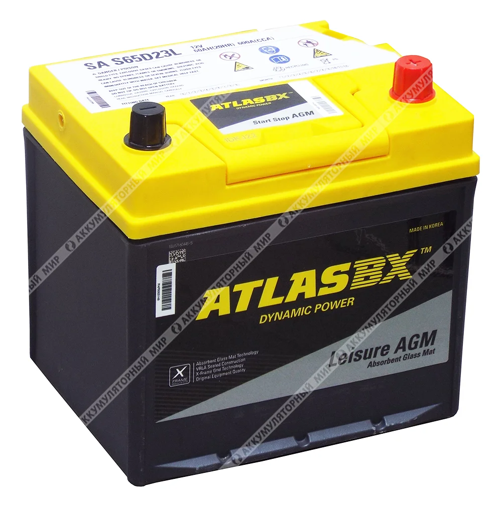 Аккумулятор ATLAS AGM S65D23L Asia 60 Ач о.п. Фото 1