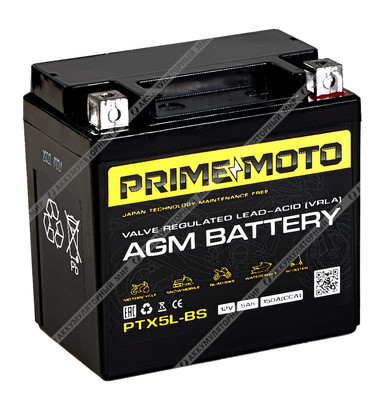 Аккумулятор PRIME MOTO AGM PTX5L-BS 5 Ач о.п.