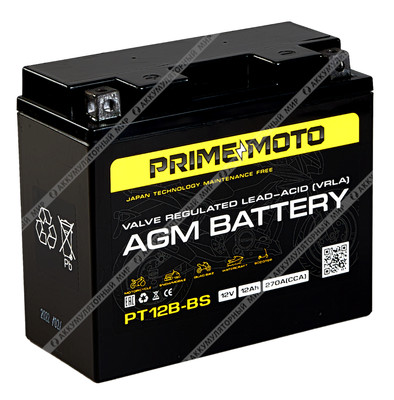 Аккумулятор PRIME MOTO AGM PT12B-BS 12 Ач п.п.