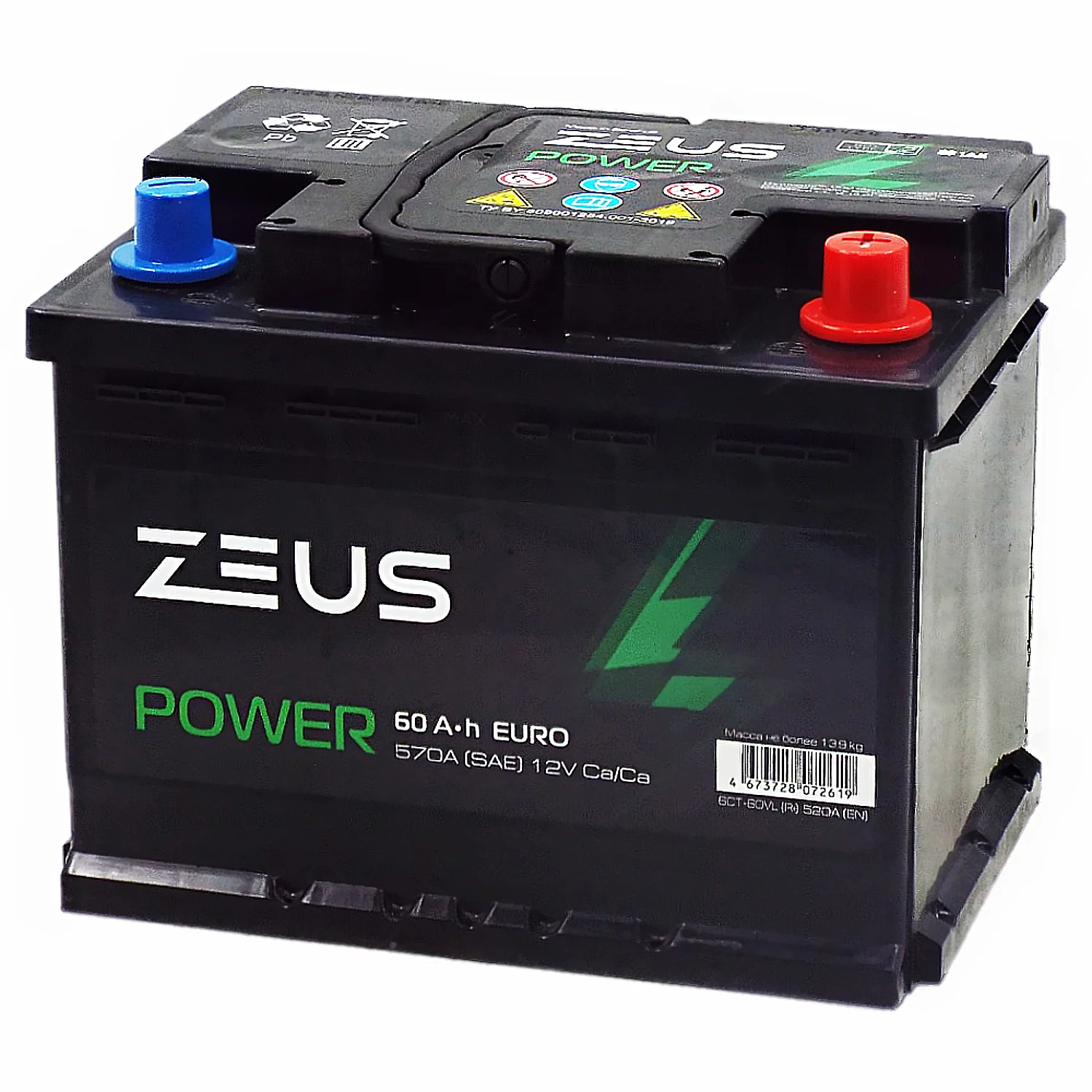 Аккумулятор ZEUS POWER 60 Ач о.п. 1AK Фото 1