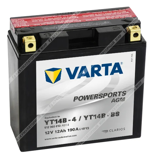 Аккумулятор VARTA Powersports AGM 12 Ач п.п. (YT14B-BS) 512 903 013 Фото 1